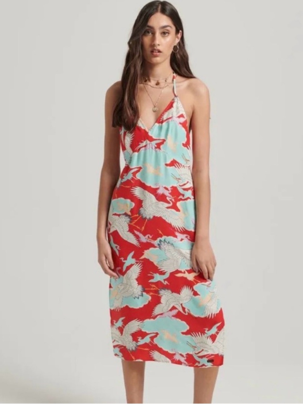 Superdry Red and Light Blue Crane-Print Midi Dress